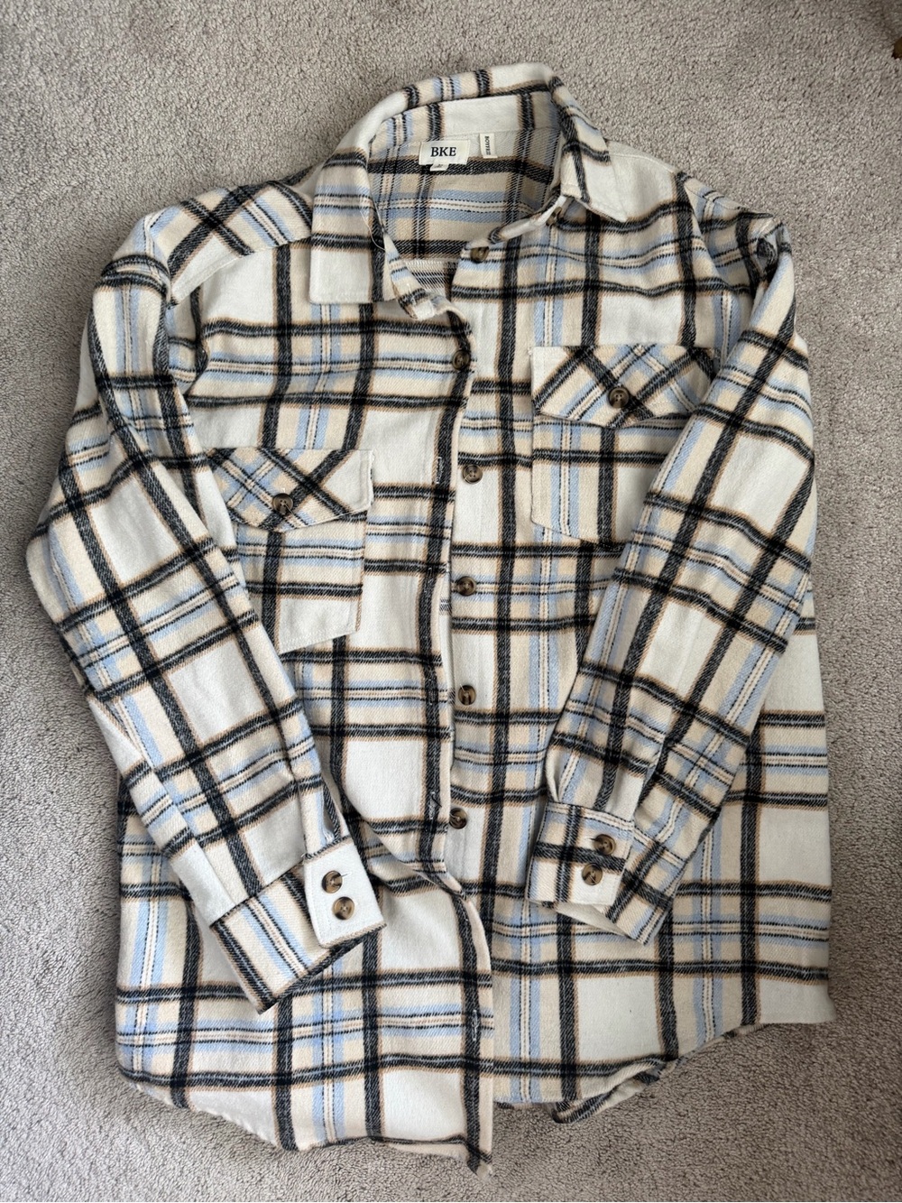 BKE Cream Plaid Button-Down Shirt with Blue and Black Stripes